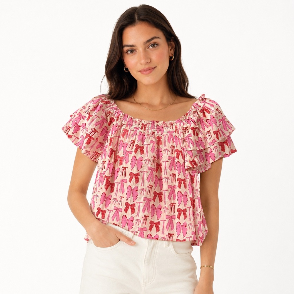 She + Sky‎ Pink Red Bow Print Smocked Ruffle Sleeve Cotton Blouse Large NWOT